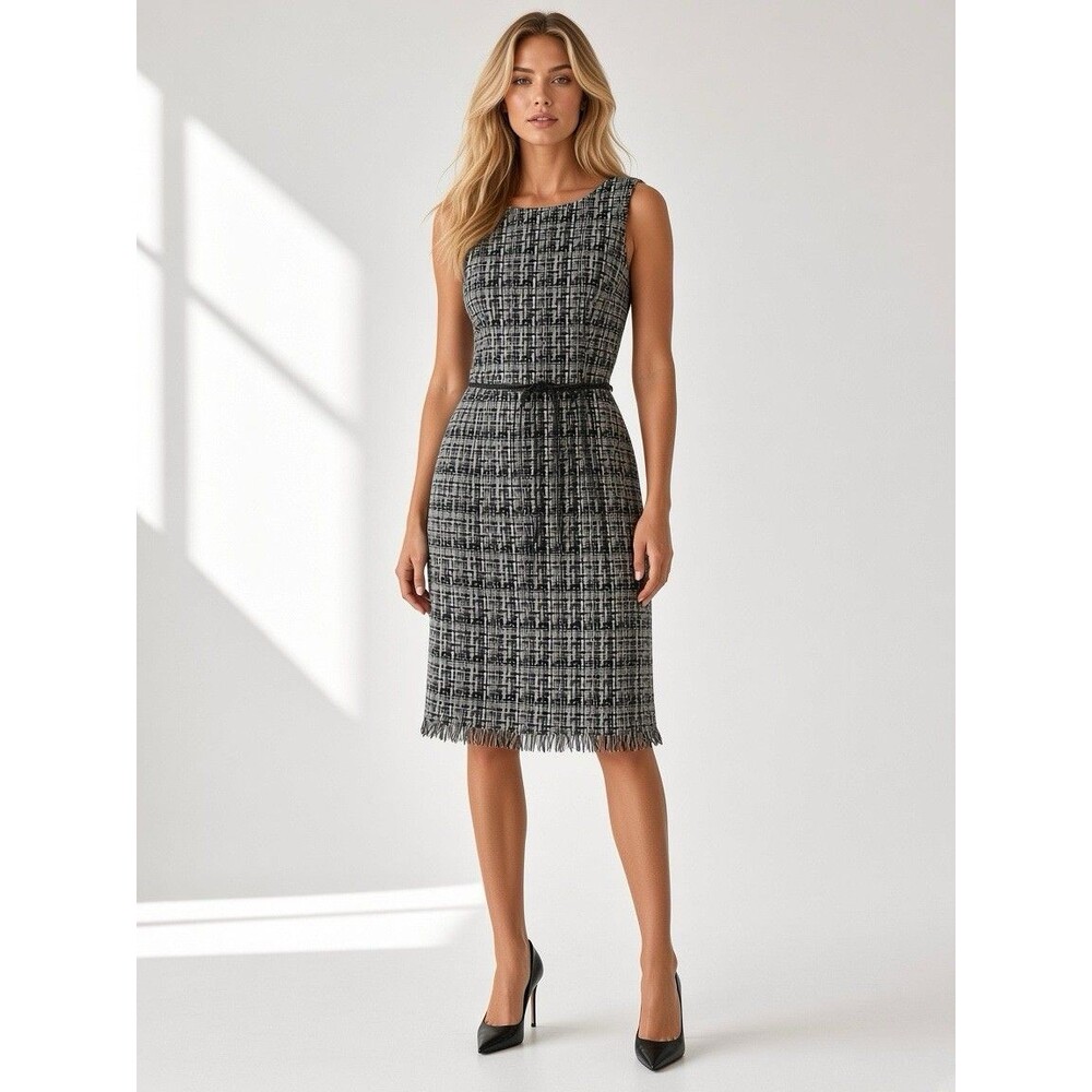 AGB Dress Women's Size 4 Tweed Dress Sheath Black Weave Fringe Sleeveless Career